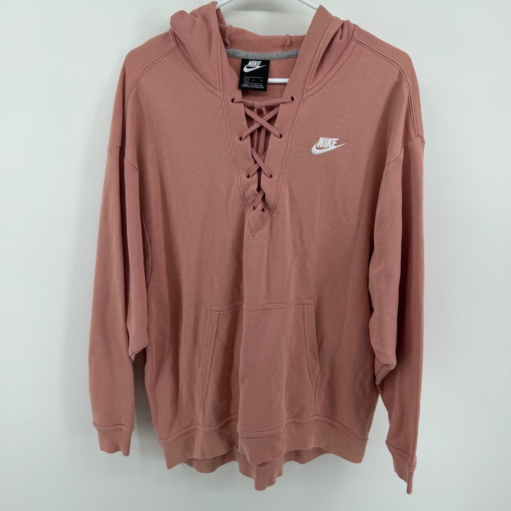 Nike Womens‎ Lace Up Hoodie Dusty Rose Pink Pullover Sweatshirt 929531-685 Large